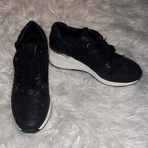 Aldo Black Glitter Lace-Up Wedge Sneakers